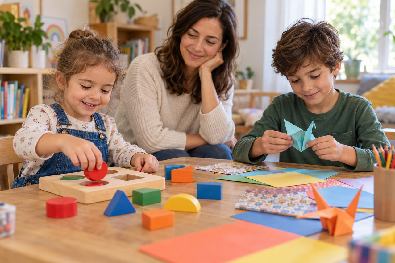 Idées d’activités éducatives pour enfants selon l’âge — illustration Une jeune enfant trie des formes en bois tandis qu’un enfant plus âgé réalise un origami, sous le regard d’un parent.