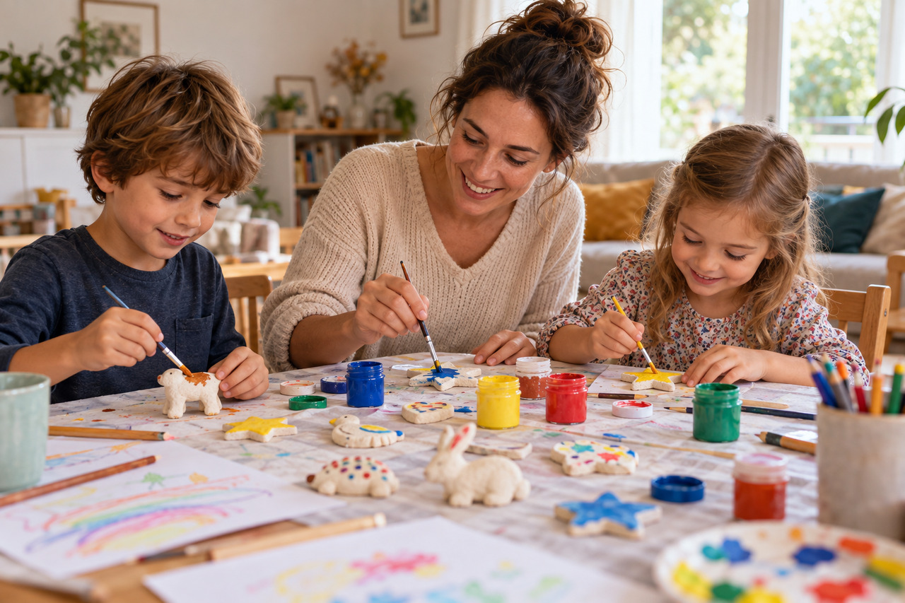 Idées d’activités à faire avec ses enfants à la maison — illustration Une mère et ses deux enfants peignent des formes en pâte à sel à la maison.