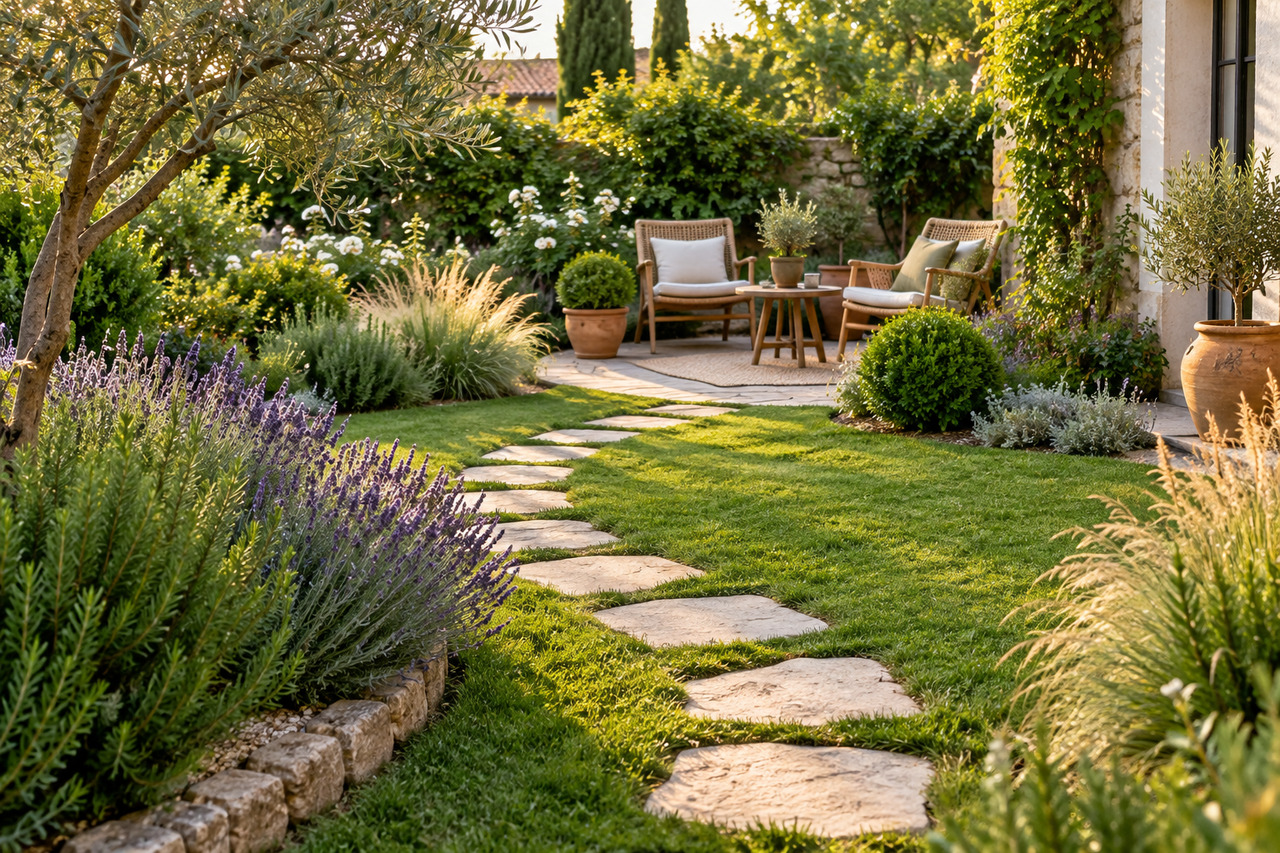 Idées d’aménagement de jardin simple et esthétique — illustration Petit jardin avec chemin en pas japonais, lavande et coin détente aménagé avec deux fauteuils.