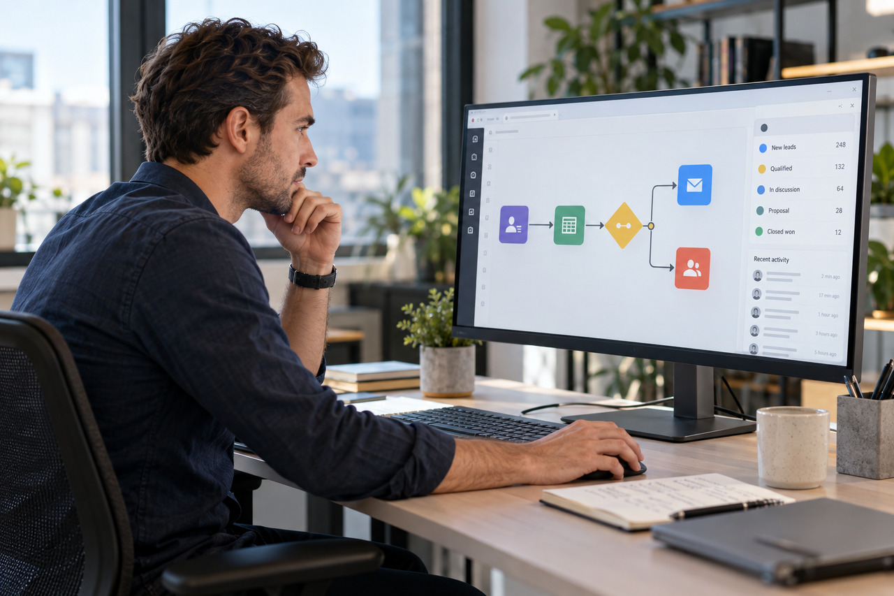 Comment automatiser sa prospection commerciale — illustration Un professionnel supervise un workflow de prospection reliant contacts, qualification, email et CRM sur son écran.