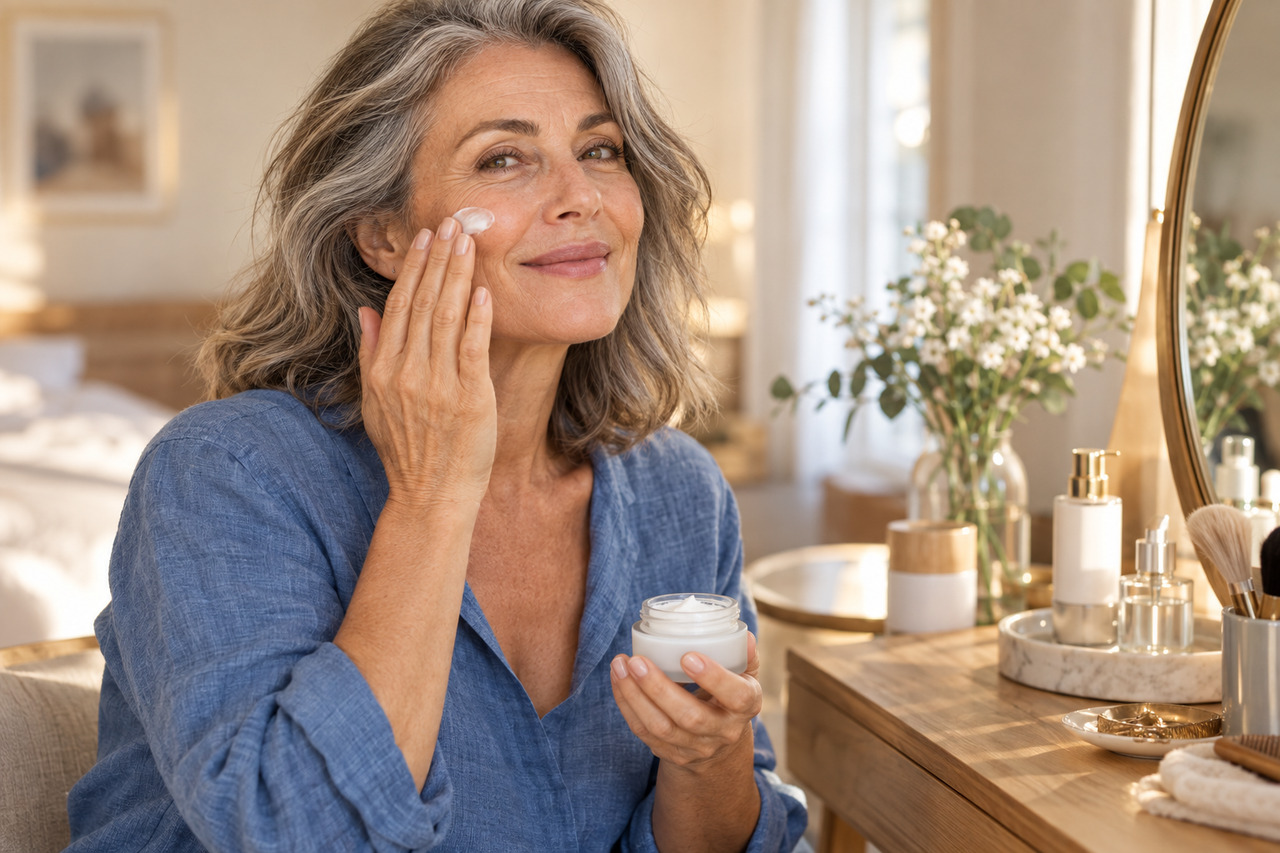 Beauté et âge : adapter sa routine sans complexe — illustration Femme mature aux cheveux poivre et sel appliquant une crème sur sa joue avec un sourire naturel.