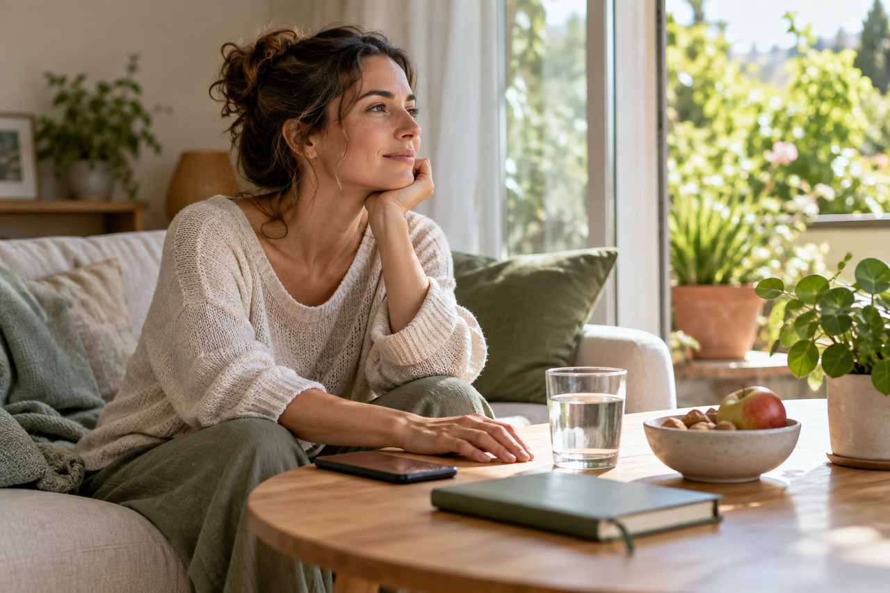 Bien-être : les fausses bonnes idées à éviter — illustration Femme prenant une pause dans un salon lumineux, téléphone posé, verre d’eau et fruits sur la table.