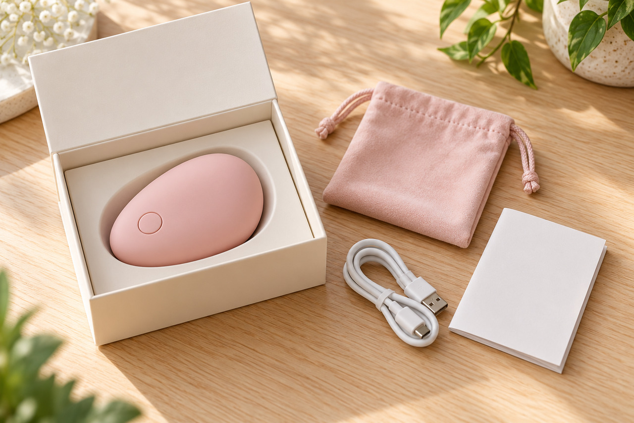 Comment choisir son premier sextoy sans se tromper — illustration Accessoire personnel rose à bouton unique dans son coffret, avec pochette, câble et notice.