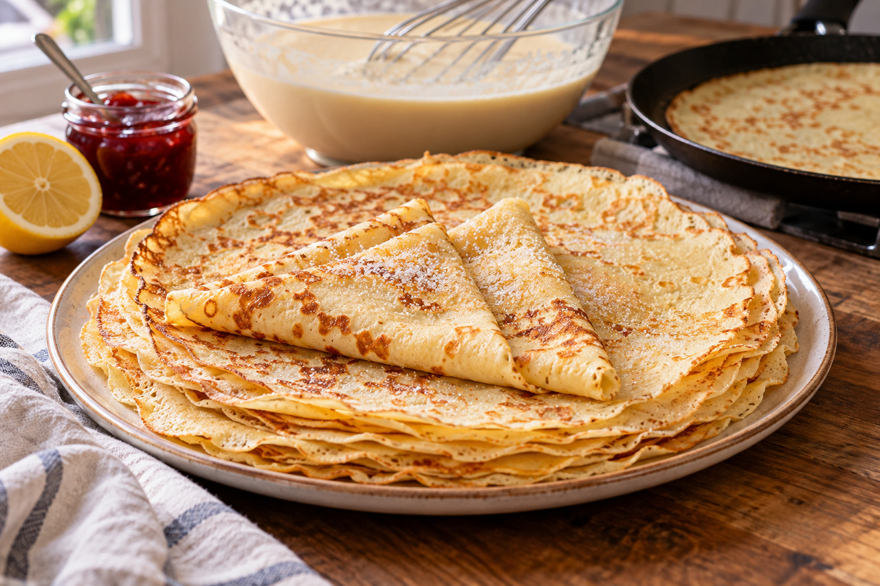 Recette de crêpes faciles et inratables — illustration Des crêpes maison fines et dorées, avec deux crêpes pliées, du citron, de la confiture et un saladier de pâte en arrière-plan.
