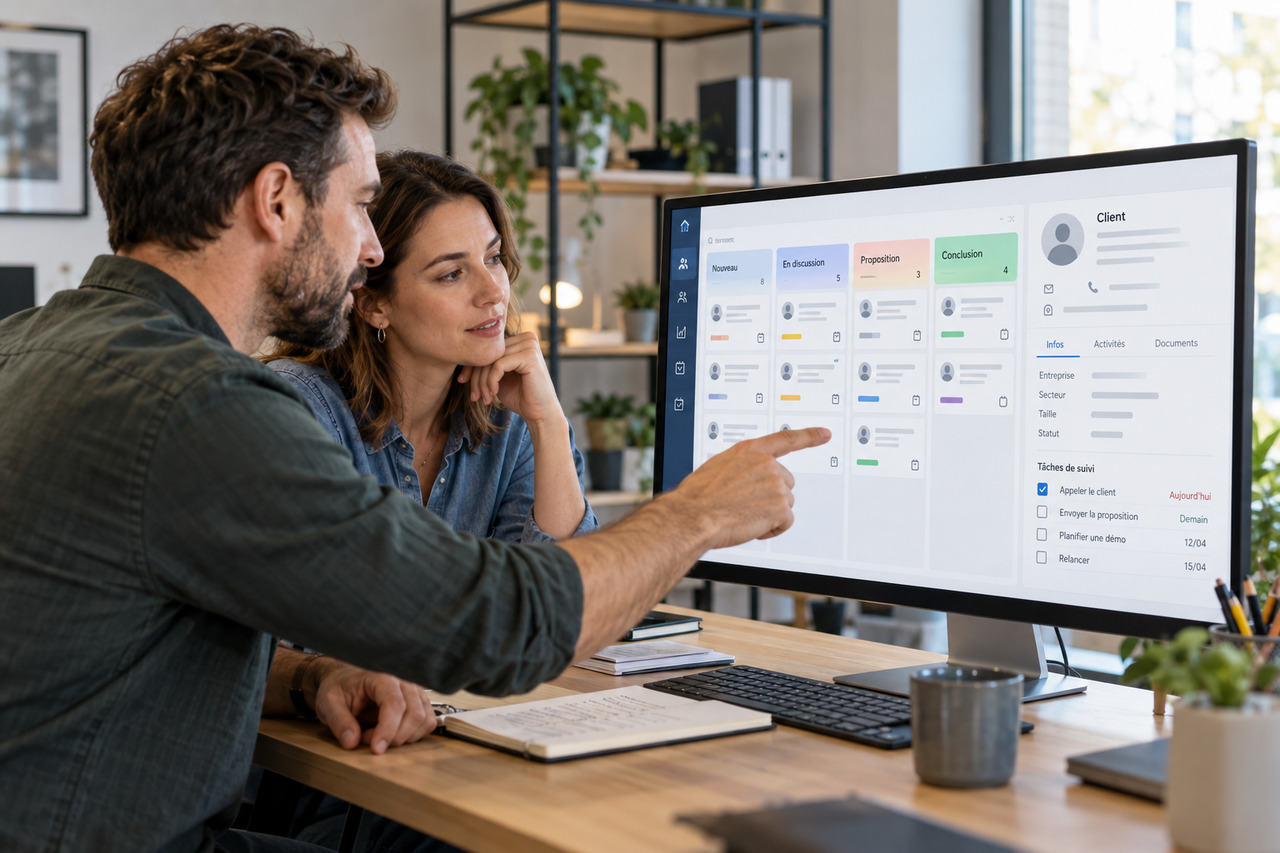 CRM : à quoi ça sert et comment choisir le bon outil — illustration Deux collègues examinent un logiciel CRM affichant un pipeline commercial, une fiche client et des tâches de suivi.