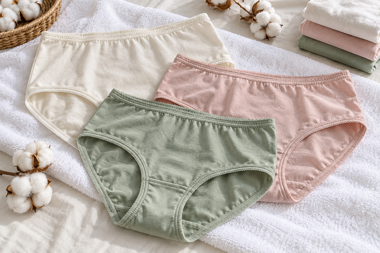 Culotte en coton : pourquoi elle reste un indispensable — illustration Culottes en coton ivoire, rose et vert sauge sur une serviette blanche, avec linge plié et fibres de coton.