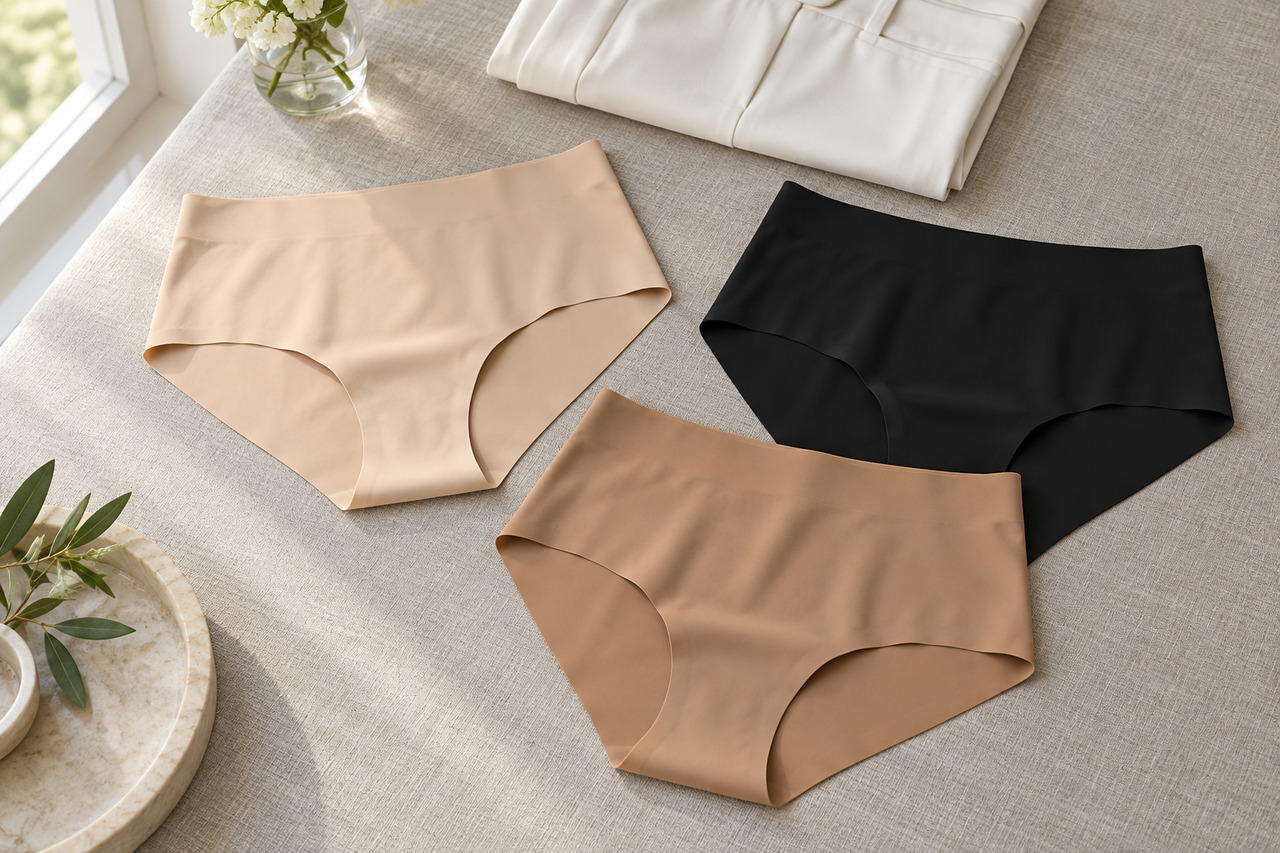 Culotte invisible : quand la lingerie sait se faire oublier — illustration Trois culottes sans coutures beige, caramel et noire, disposées près d’un pantalon blanc.