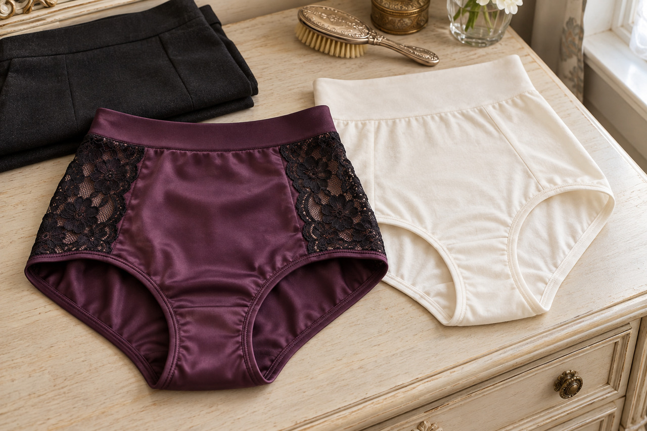 Culotte taille haute : entre rétro chic et maintien moderne — illustration Culottes taille haute prune à dentelle noire et ivoire en coton, posées près d’une jupe crayon.
