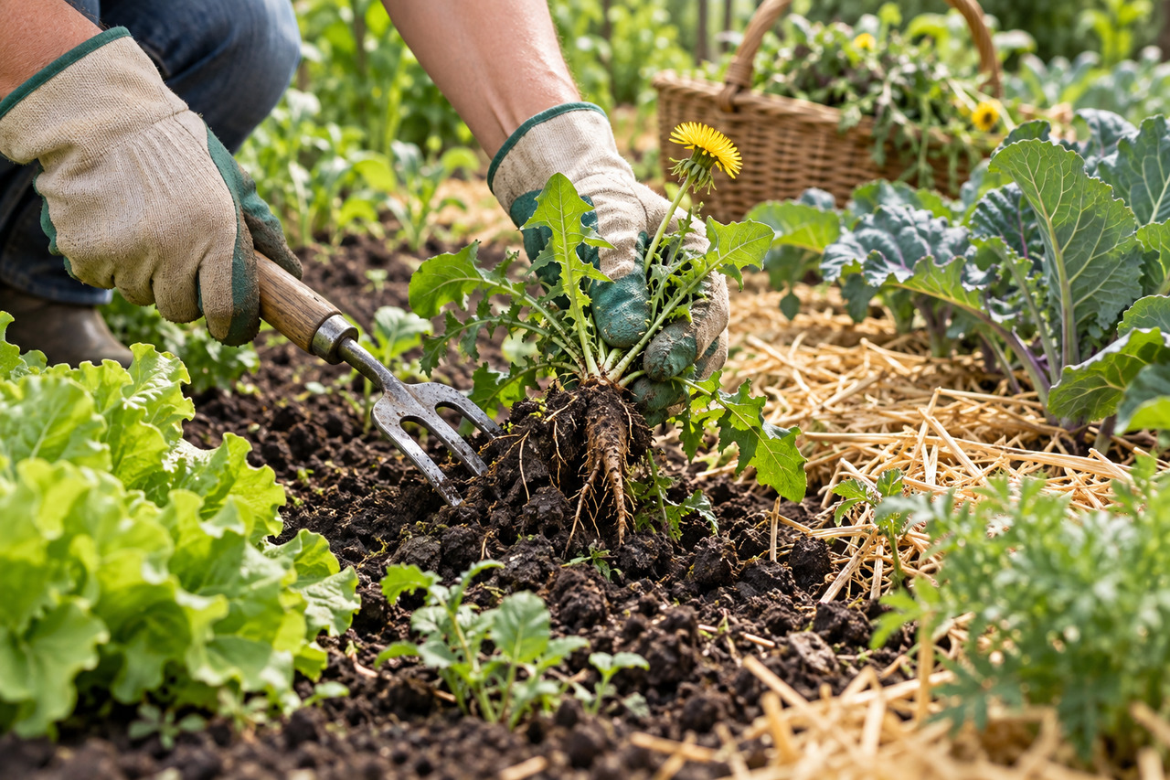 Désherbage naturel : solutions efficaces sans produits chimiques — illustration Des mains gantées retirent un pissenlit avec ses racines à l’aide d’une fourche de désherbage, près de légumes et de paillage.