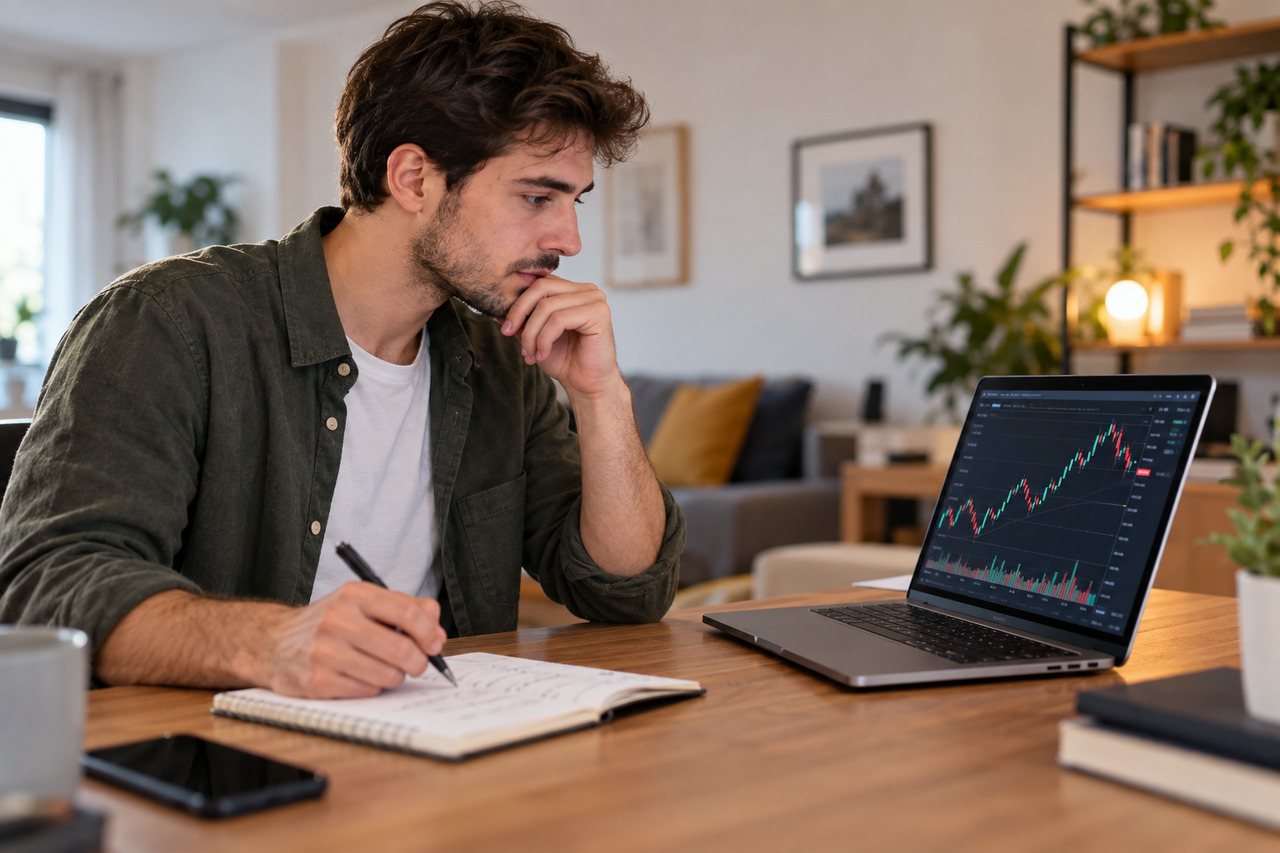 Les erreurs à éviter quand on débute en bourse — illustration Un investisseur débutant prend des notes devant un graphique boursier présentant des hausses et des baisses sur son ordinateur.