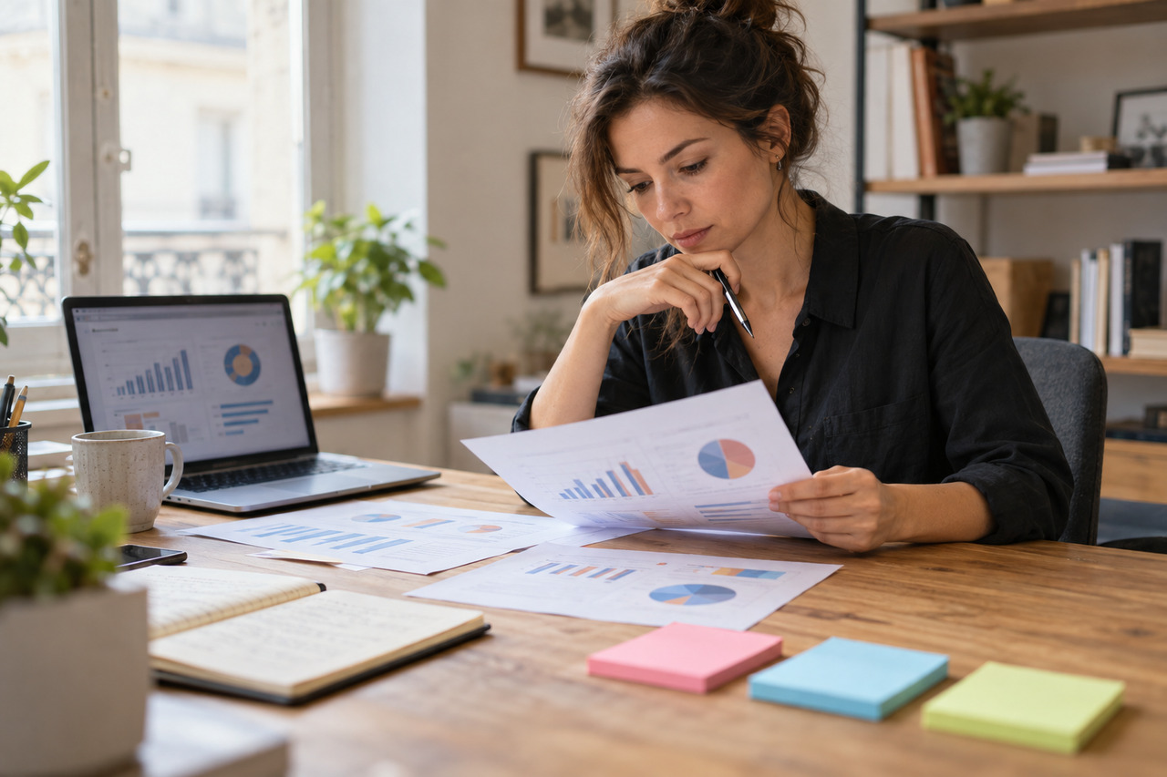 Les erreurs marketing fréquentes des entrepreneurs débutants — illustration Entrepreneuse analysant des graphiques de campagne marketing devant son ordinateur.