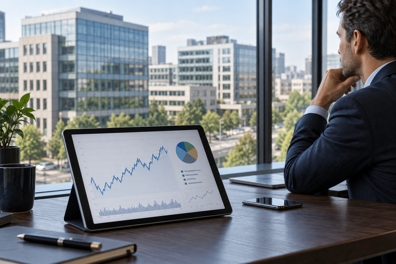 Foncières cotées (REIT) : investir dans l’immobilier en bourse — illustration Une tablette affiche des graphiques financiers devant une vue sur des immeubles de bureaux, pour illustrer les foncières cotées.