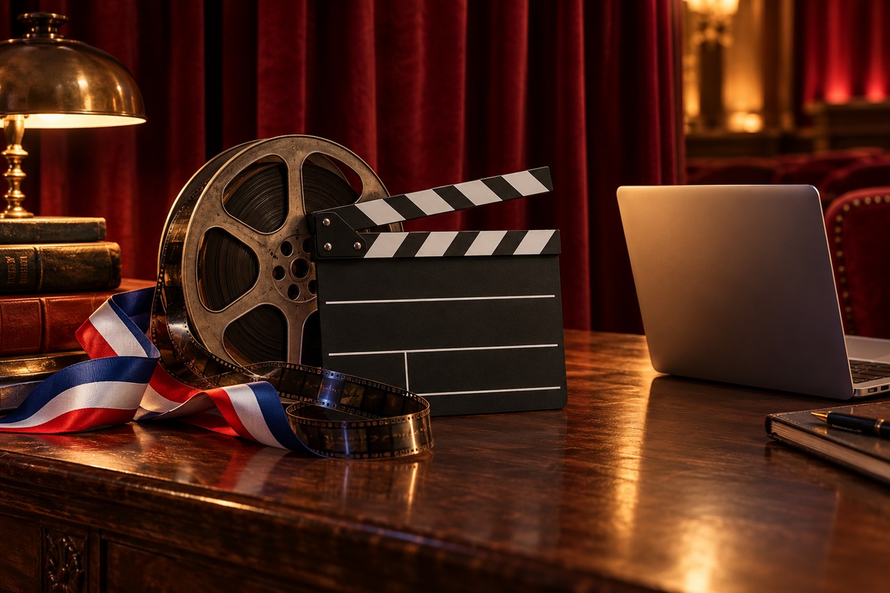FrenchyCoquine — découverte du cinéma français Clap de cinéma, bobine de film et ordinateur dans une ambiance chaleureuse, avec un ruban tricolore.