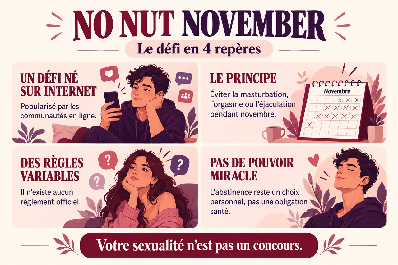 Infographie expliquant le No Nut November en quatre repères : origine sur Internet, principe, règles variables et absence de bénéfice miracle.