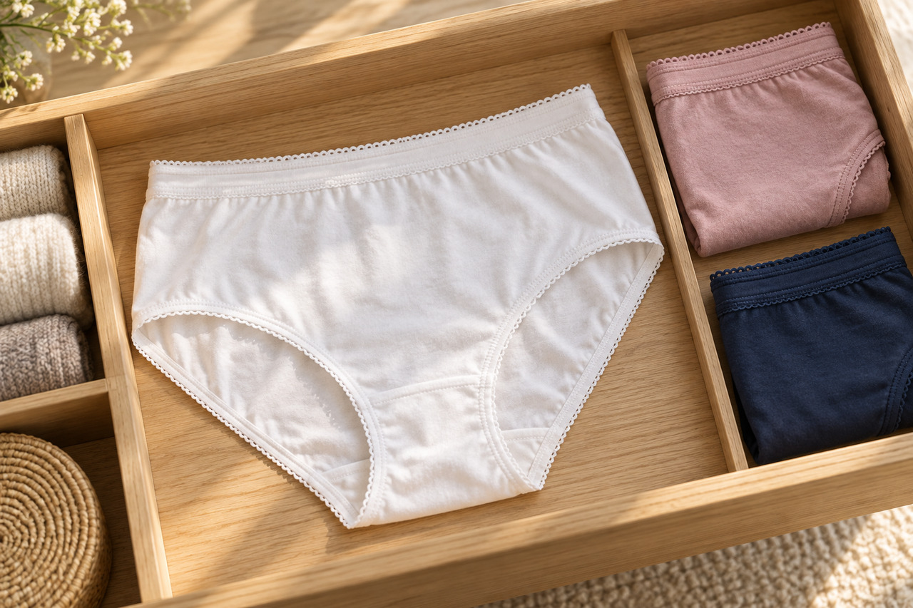 La culotte classique : pourquoi elle reste incontournable — illustration Culotte classique blanche en coton et modèles rose et bleu marine rangés dans un tiroir en bois.