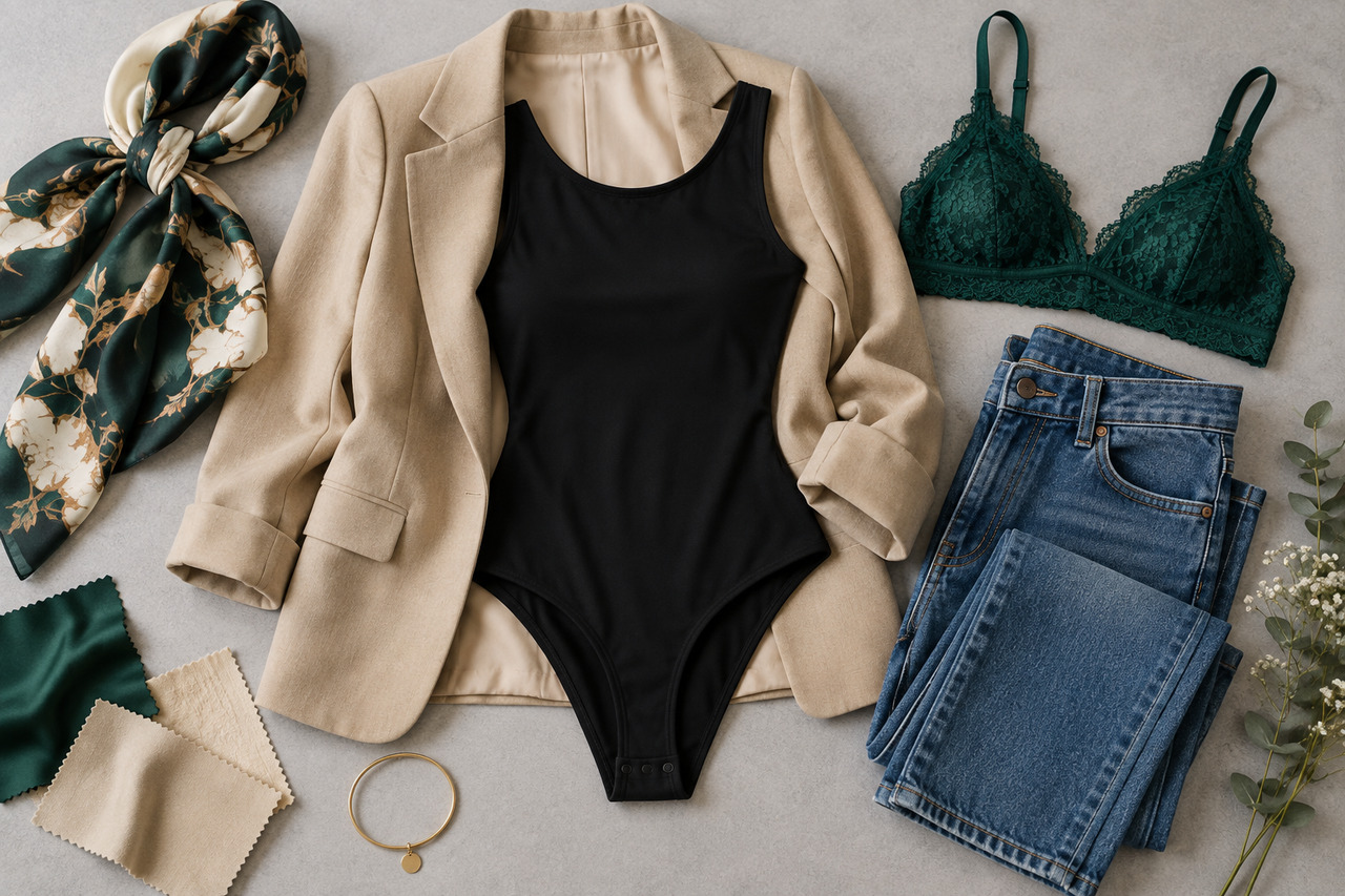 La lingerie comme extension du style personnel — illustration Body noir associé à un blazer beige, un jean et une bralette verte dans une composition de tenue à plat.