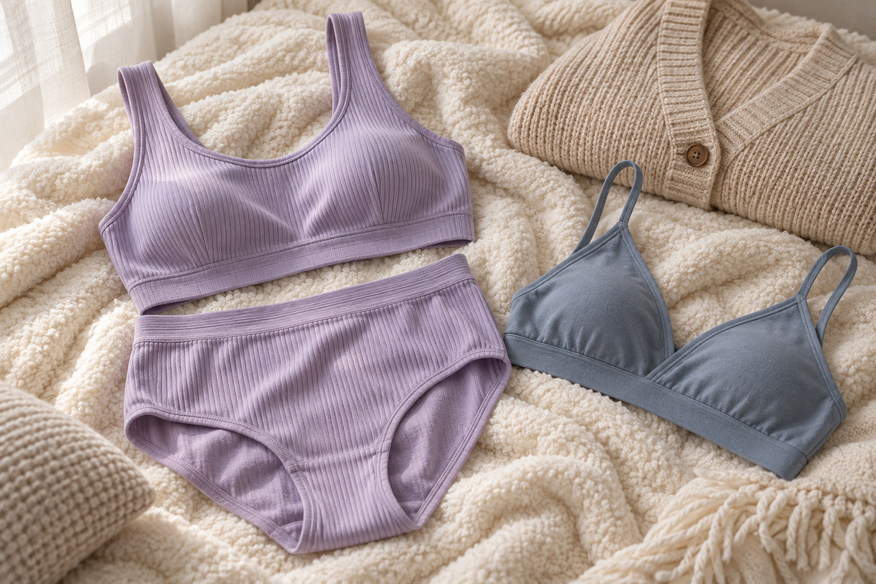La lingerie confortable : mythe ou nouvelle norme ? — illustration Ensemble de lingerie lilas en jersey côtelé et bralette bleu gris sans armatures sur une couverture douce.
