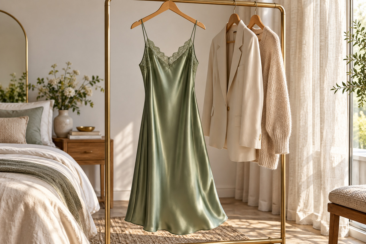 La nuisette : séduction légère et féminité assumée — illustration Nuisette en satin vert sauge suspendue sur un portant avec un blazer crème et une maille beige.