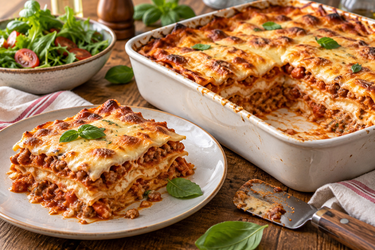 Recette de lasagnes maison faciles — illustration Des lasagnes maison gratinées à la bolognaise et à la béchamel, avec une part servie montrant les couches de pâtes.