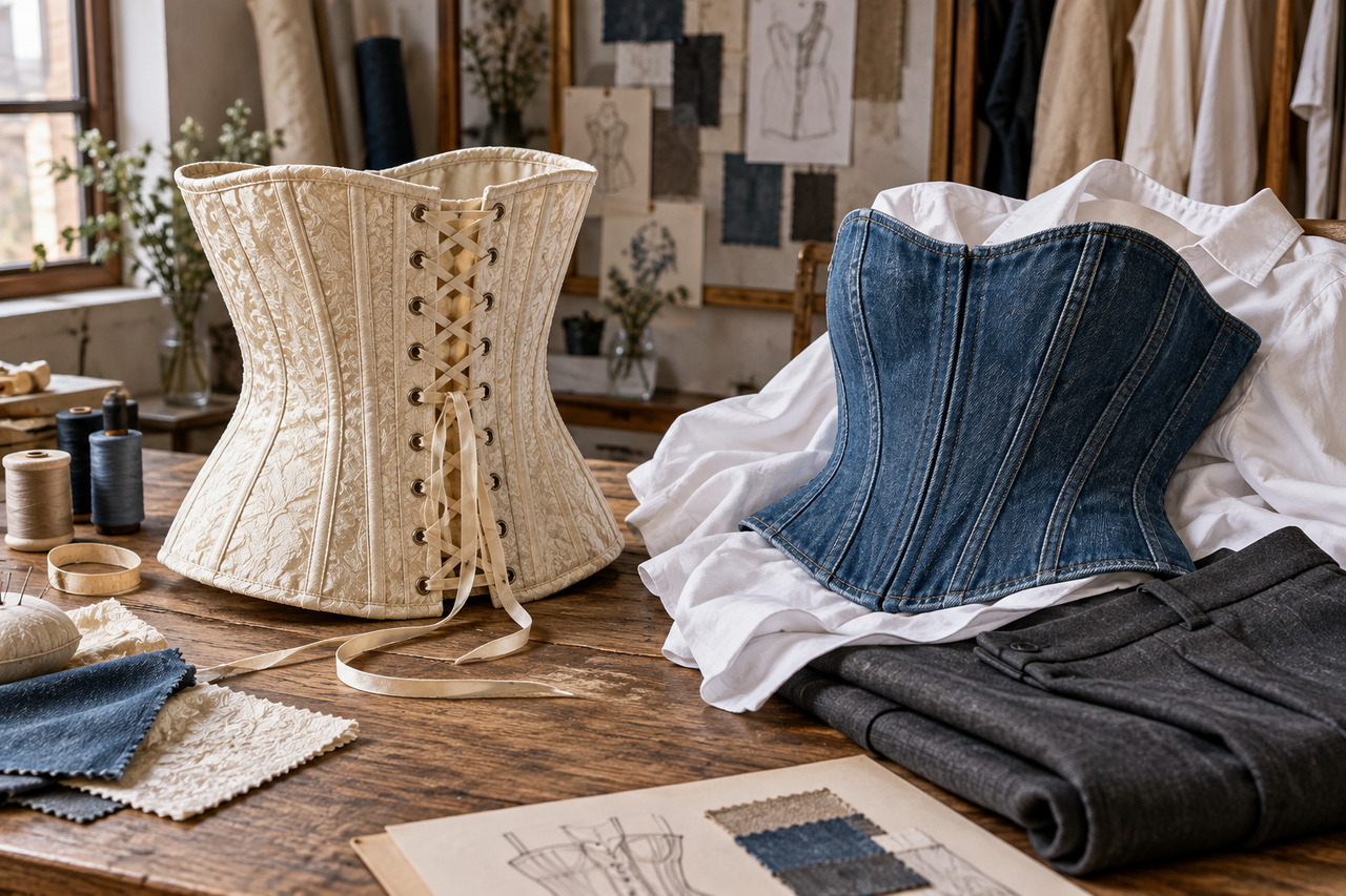 Le corset : mythe, maintien et renaissance mode — illustration Corset classique ivoire à laçage et corset moderne en denim présentés dans un atelier de stylisme.
