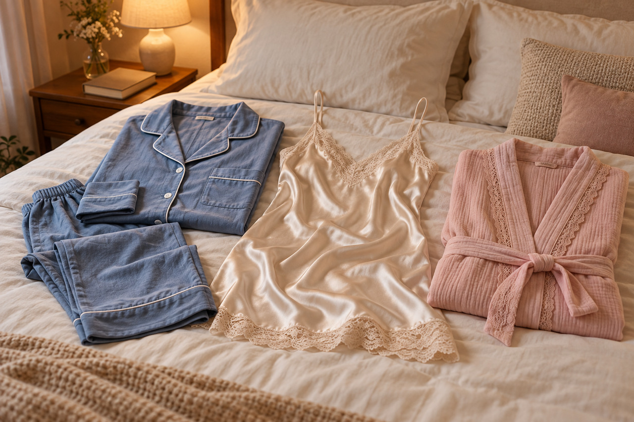 Lingerie de nuit : quelles pièces pour se sentir bien et belle — illustration Pyjama bleu, nuisette champagne et peignoir rose présentés sur un lit dans une chambre à la lumière douce.