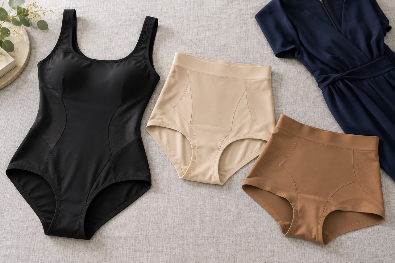 Lingerie gainante : affiner la silhouette sans inconfort — illustration Body gainant noir, culotte taille haute beige et shorty caramel présentés à plat avec une robe bleu marine.