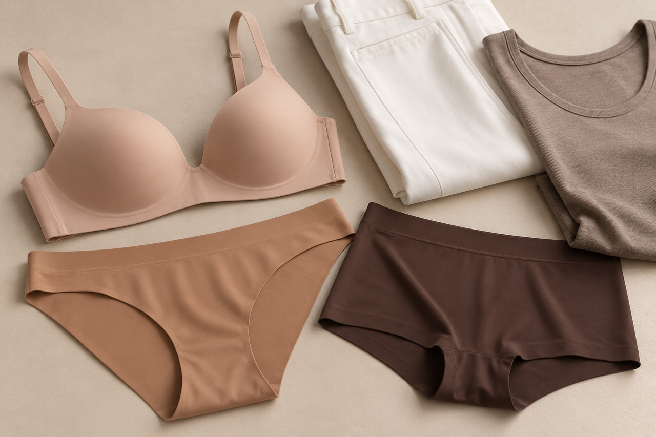 Lingerie invisible : les pièces à privilégier sous les vêtements ajustés — illustration Lingerie lisse sans coutures en teintes nude, caramel et chocolat à côté de vêtements ajustés.