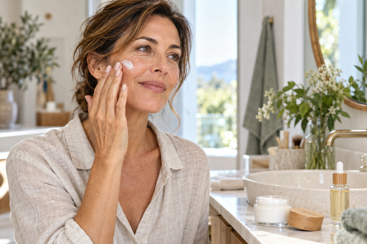 Comment lisser les rides sans chirurgie — illustration Une femme applique doucement une crème hydratante sur sa joue, près d’un pot de soin et d’un flacon de sérum.