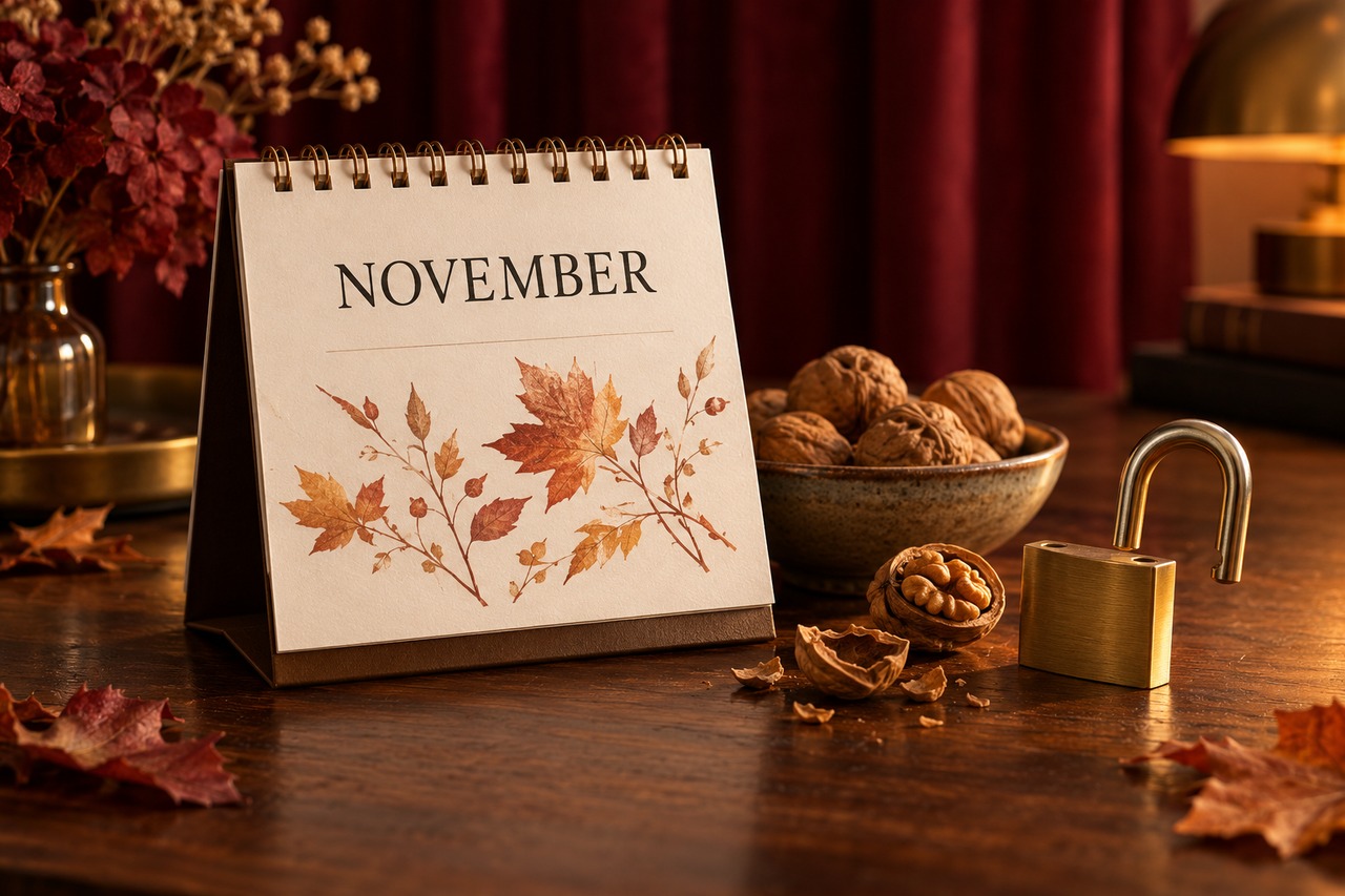 No Nut November — plaisir sans privation Calendrier de novembre, noix et cadenas ouvert dans une ambiance automnale chaleureuse.
