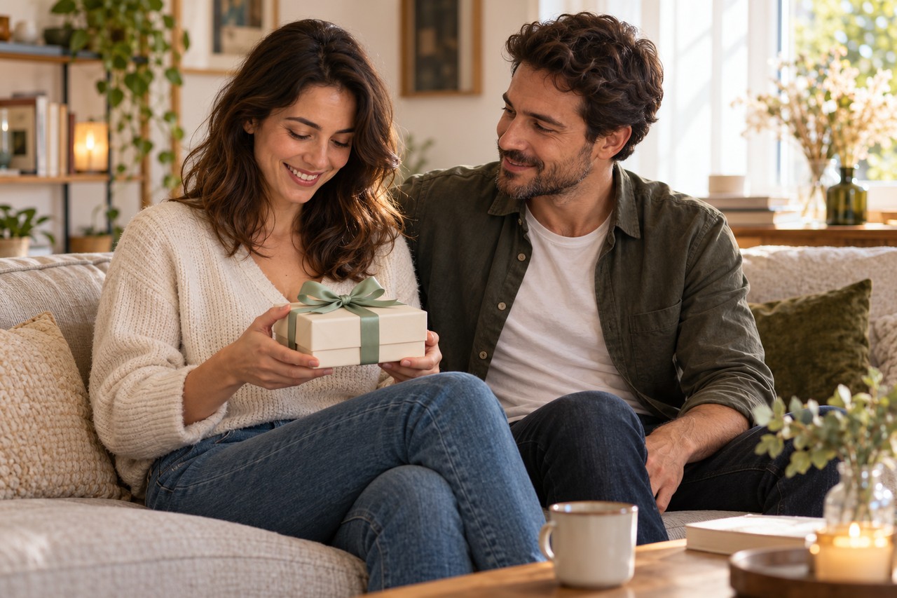 offrir premier sextoy cadeau Une femme adulte reçoit un petit cadeau fermé de son partenaire dans un salon chaleureux.