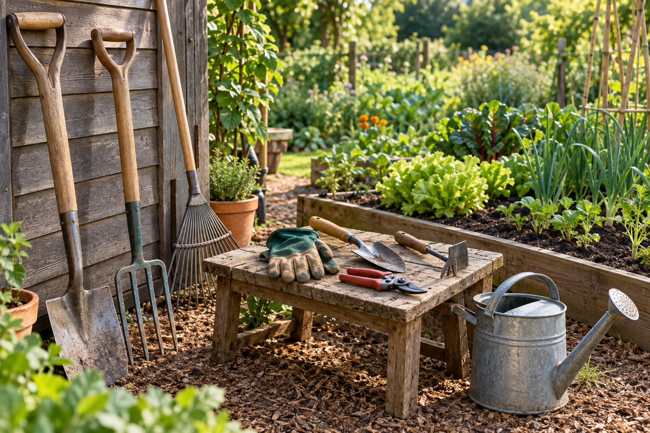Les outils indispensables pour jardiner efficacement — illustration Bêche, fourche, râteau, sécateur, outils à main, gants et arrosoir sont disposés près d’un potager.