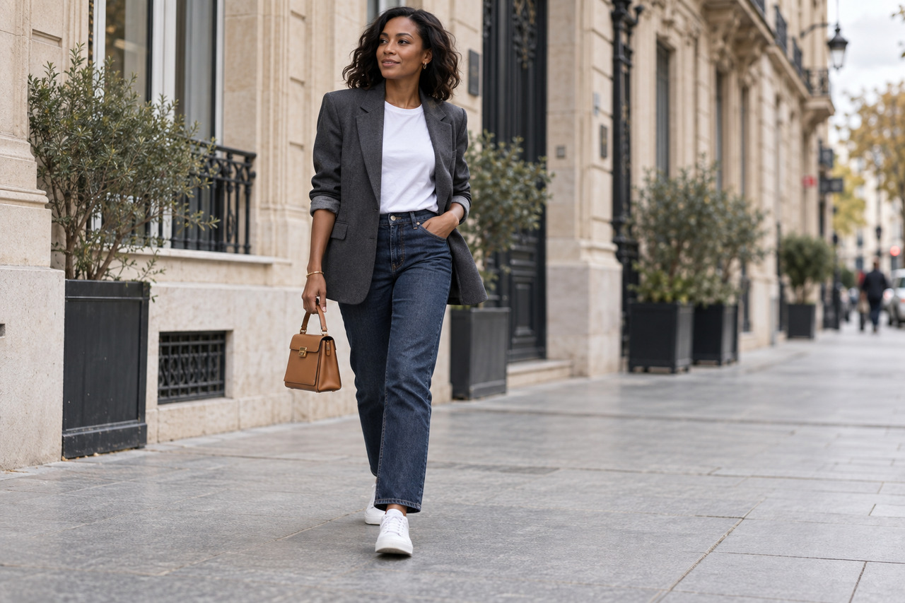 Comment porter un blazer femme avec style — illustration Une femme porte un blazer anthracite ouvert sur un t-shirt blanc, avec jean droit, baskets et petit sac structuré.