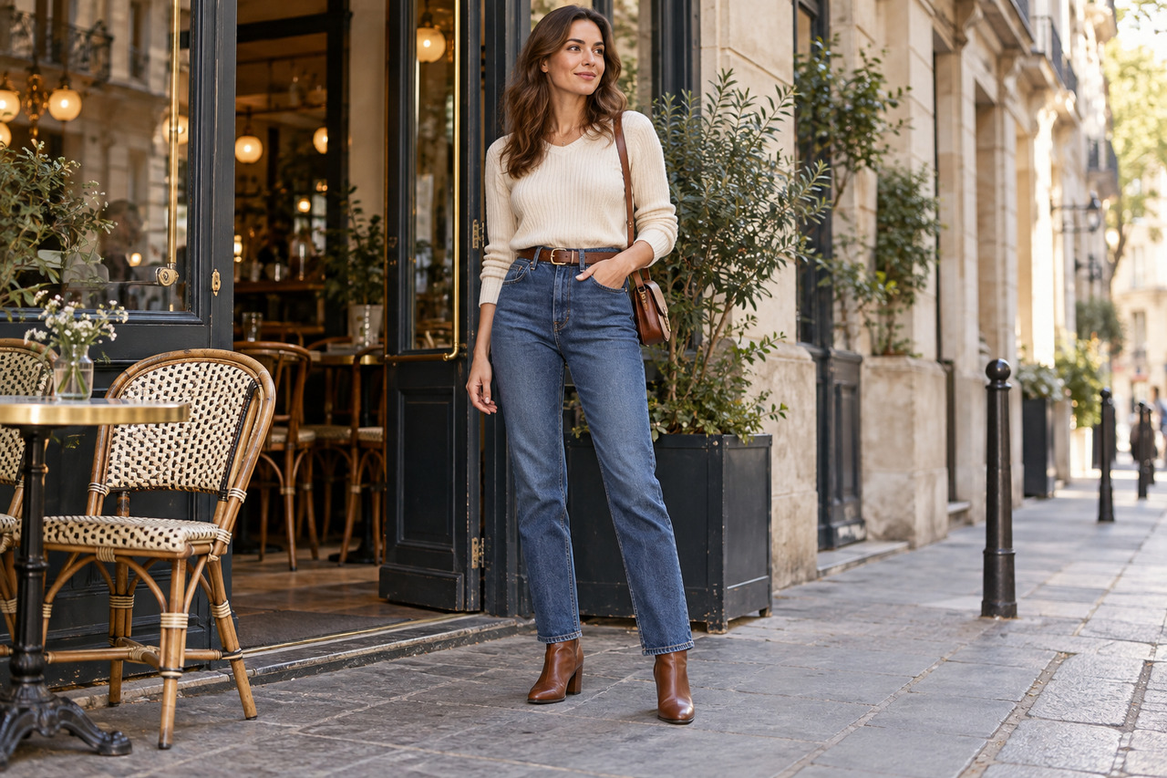 Comment porter un jean taille haute femme — illustration Une femme porte un jean bleu taille haute avec maille crème rentrée, ceinture en cuir et bottines devant un café.