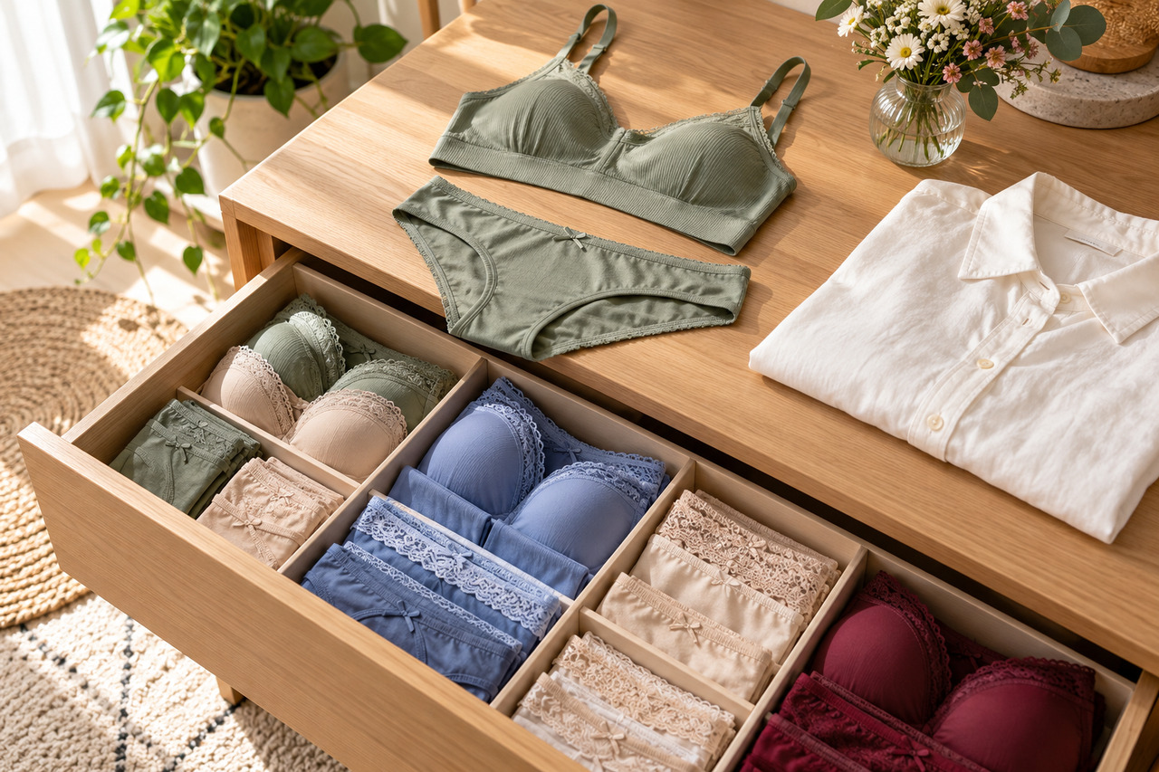 Pourquoi la lingerie influence la confiance en soi — illustration Tiroir de lingerie organisé par couleurs, avec un ensemble vert sauge et un chemisier blanc sur la commode.