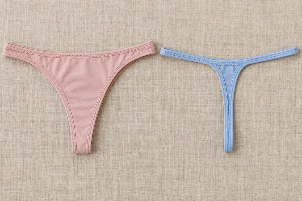 Quelle différence entre tanga et string ? — illustration Tanga rose et string bleu présentés à plat pour comparer leurs coupes et leur couverture arrière.