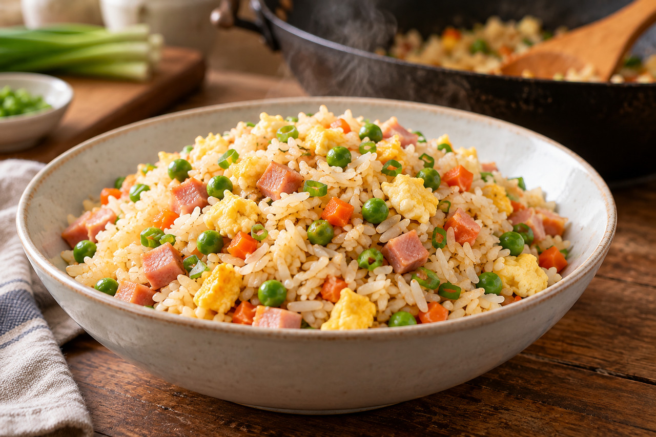Recette de riz cantonais facile — illustration Un bol de riz cantonais maison avec œufs brouillés, petits pois, carottes et dés de jambon, près d’un wok.