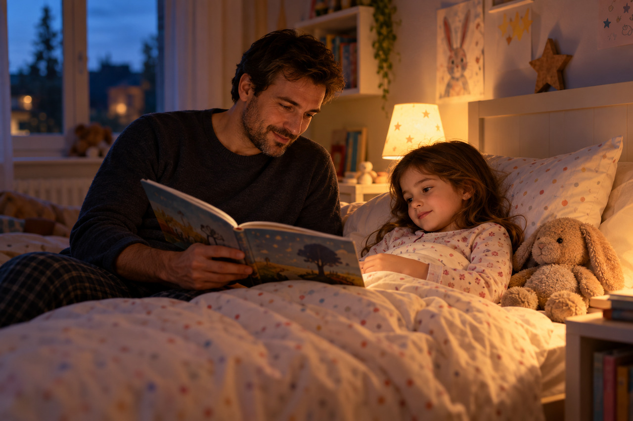 Routines du soir avec les enfants : conseils pour un coucher serein — illustration Un père lit une histoire à son enfant en pyjama, installé dans son lit sous la lumière douce d’une lampe de chevet.