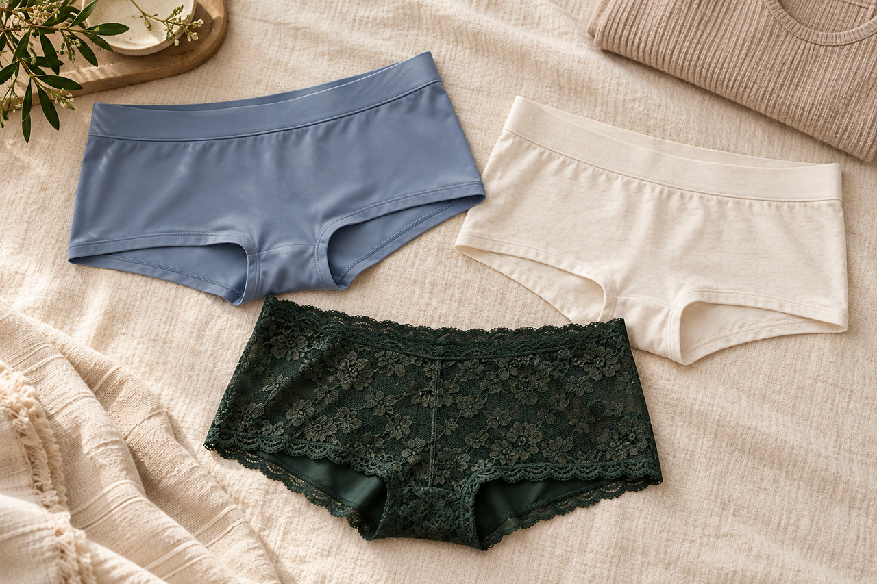 Shorty : la pièce lingerie qui allie confort et modernité — illustration Trois shortys féminins en microfibre bleue, coton ivoire et dentelle vert foncé.