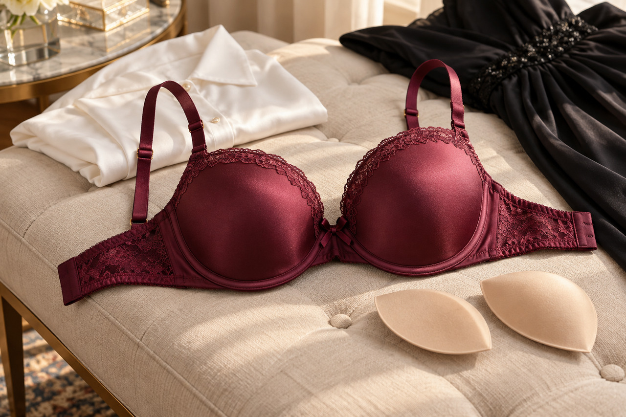 Soutien-gorge push-up : effet galbant et confiance en soi — illustration Soutien-gorge push-up bordeaux avec coussinets amovibles, près d’une blouse blanche et d’une robe noire.